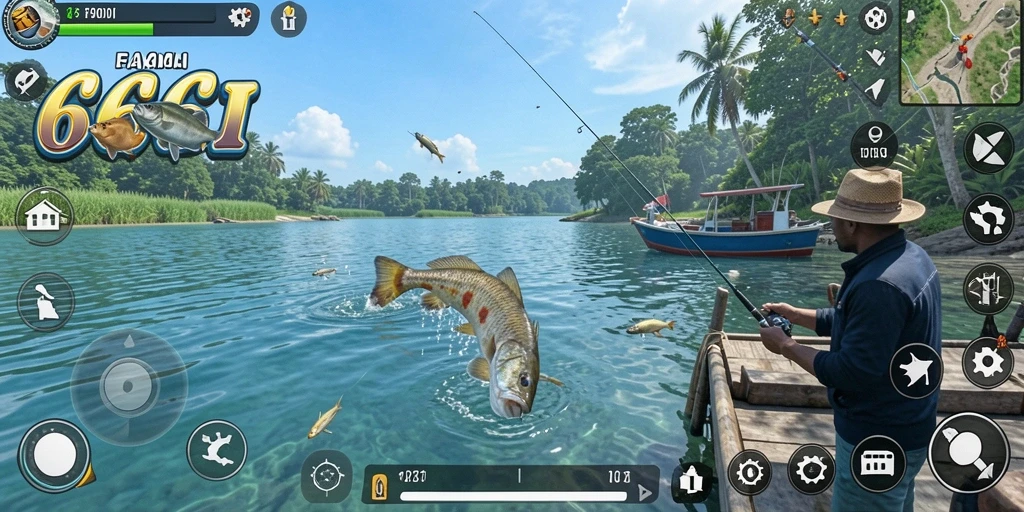 Screenshot gameplay 666I menampilkan aksi memancing yang seru dan menantang.
