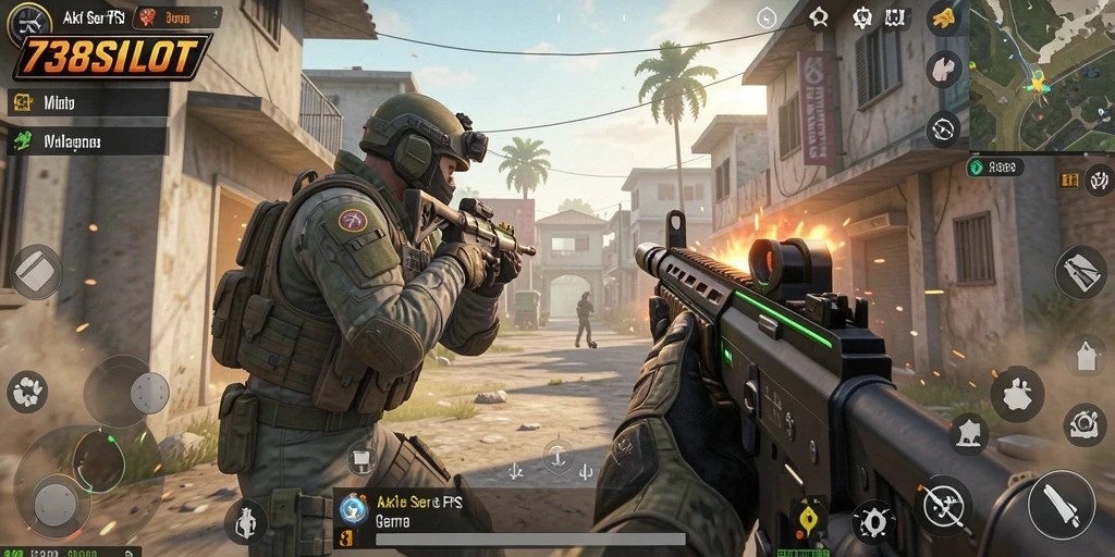 Tampilan gameplay seru dari 738SLOT saat beraksi di arena FPS.
