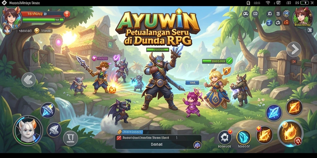Screenshot gameplay AYUWIN menunjukkan pertarungan RPG yang mendebarkan.