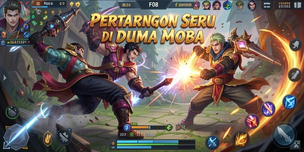 Screenshot gameplay F08 menampilkan aksi pertarungan karakter MOBA yang dinamis.