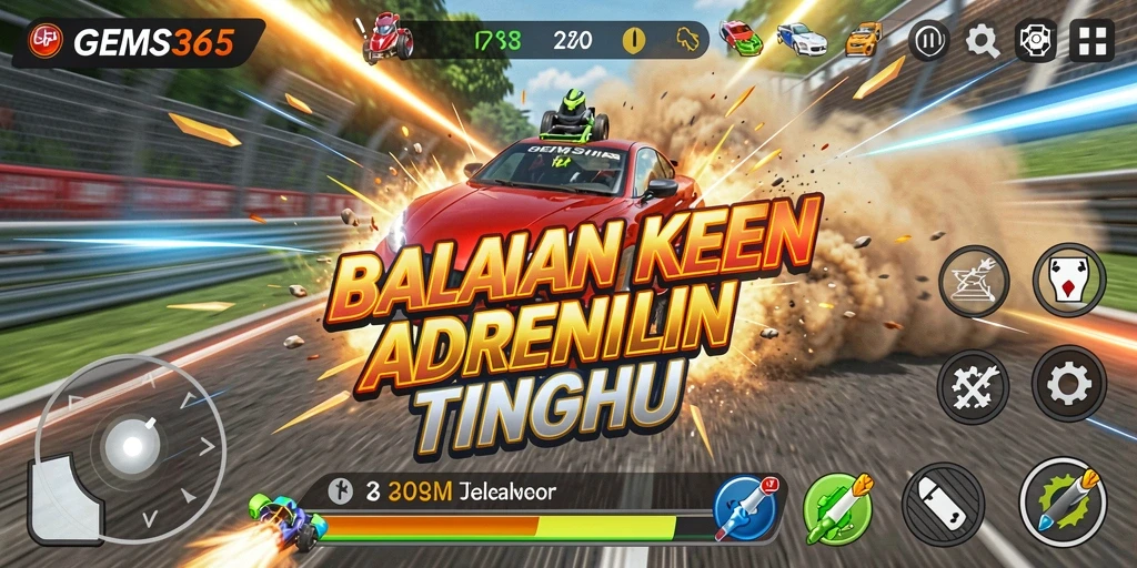 Gameplay GEMS365 yang mendebarkan dengan mobil balap kencang.