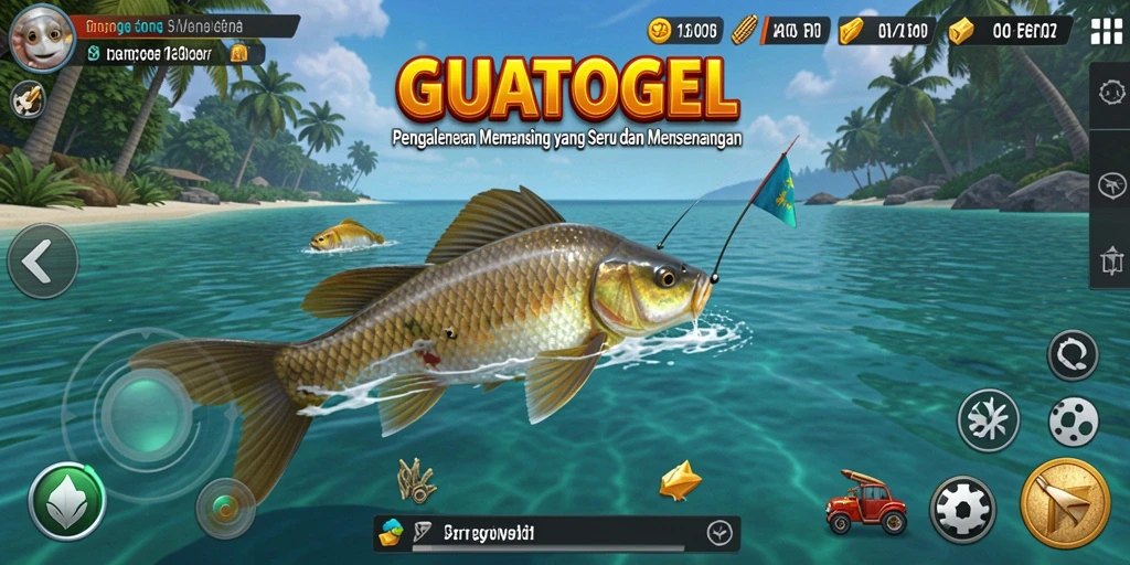 Tampilan gameplay GUATOGEL dengan aksi memancing yang seru.