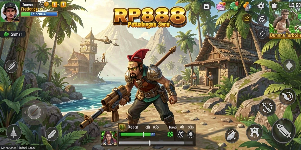 Tampilan dramatis dari gameplay RP888 di dunia terbuka yang kaya.