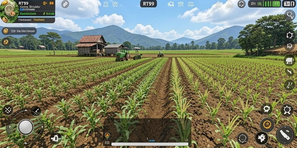 Screenshot gameplay RT99 menampilkan aktivitas bertani yang menyenangkan.