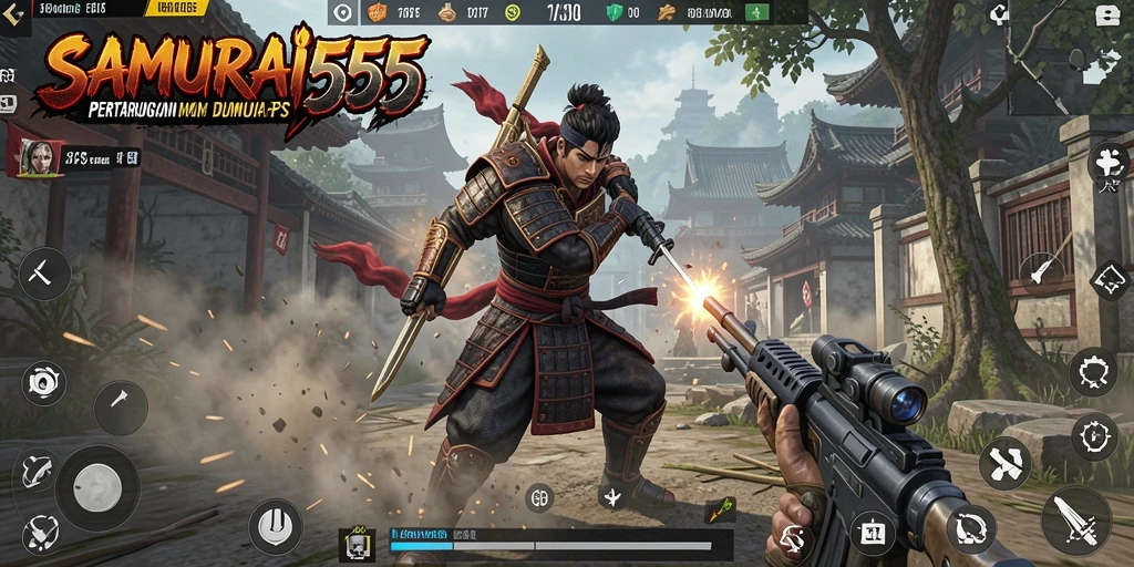 Screenshot SAMURAI555 menampilkan pertempuran seru dalam gameplay FPS.