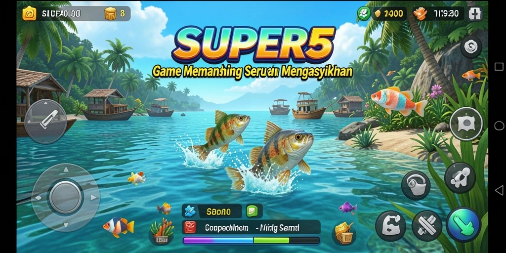 Tampilan utama gameplay SUPER5 menampilkan aksi memancing yang mendebarkan.
