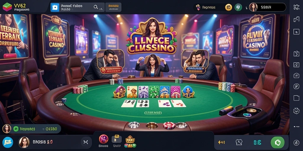 Screenshot gameplay VV62 yang menampilkan dealer profesional dan suasana kasino.